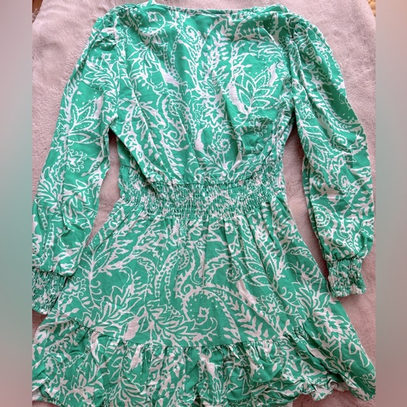 NWOT Zara Linen Blend Tropical Print Ruffled Dress Green 3/4 Sleeve Size M - Picture 5 of 13